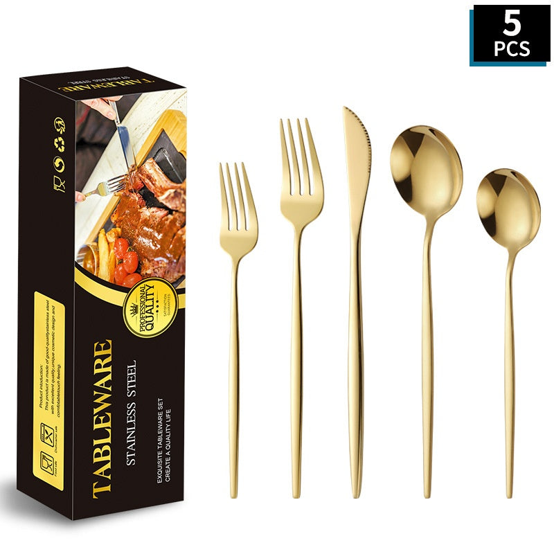 Portuguese Stainless Steel Knife Fork Spoon Golden Steak Knife Fork Set Four-Piece Tableware Set - Korvel