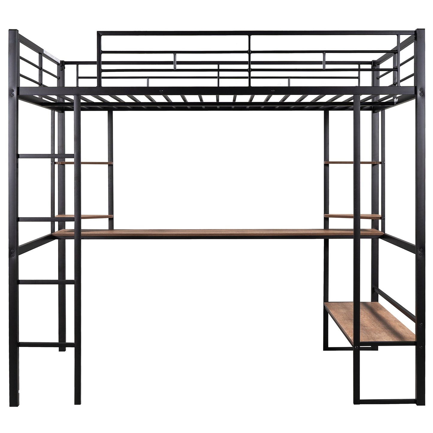Full Size Loft Metal&MDF Bed with Long Desk and Shelves Black - Korvel