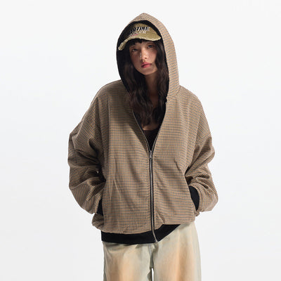 Double-sided Wear Hooded Cardigan Unisex Spring and Autumn Casual Loose Fit Plaid Short Jacket Two-Way Wearing - Korvel