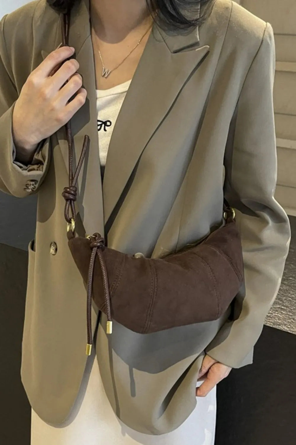 PU Leather Strap Suede Shoulder Bag - Korvel