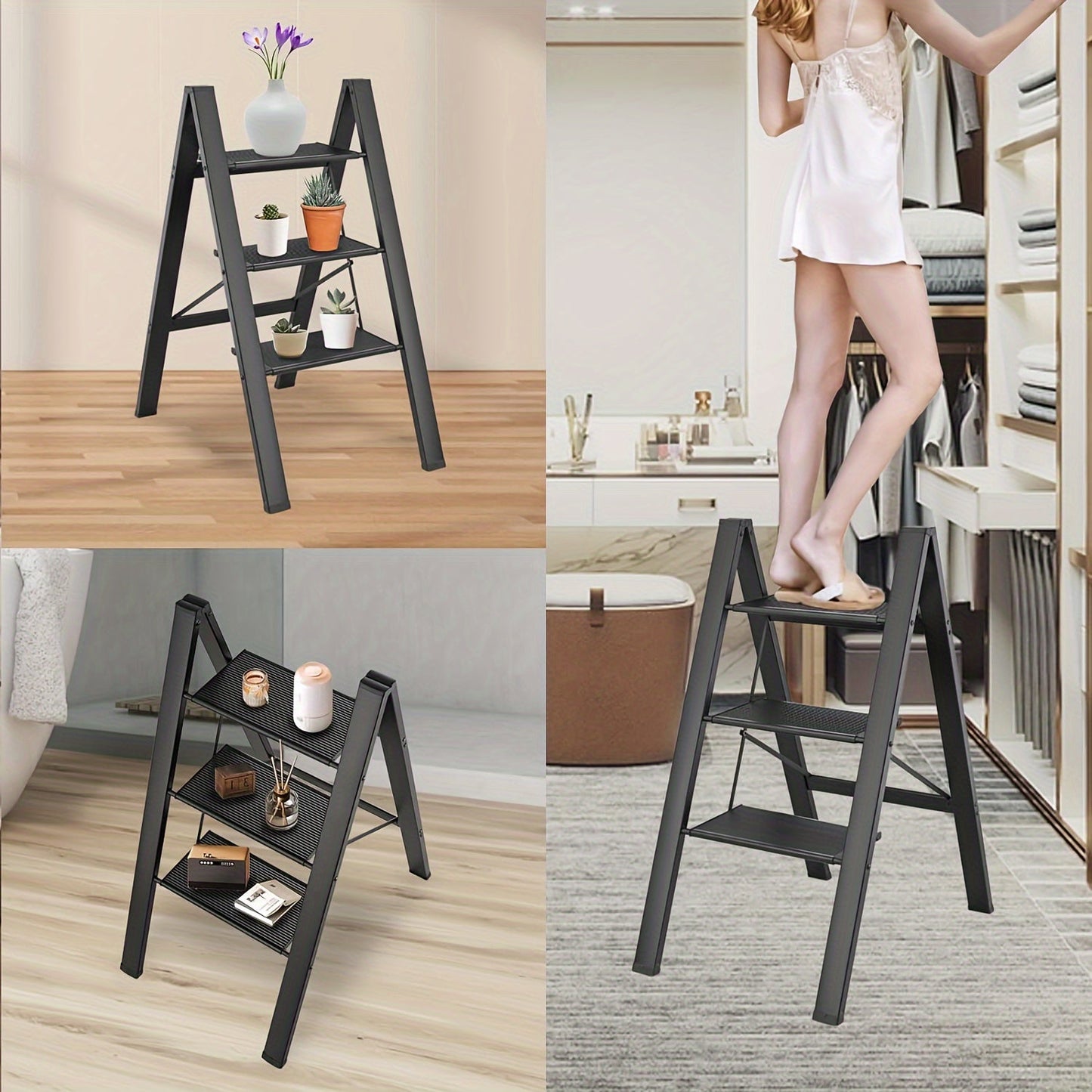 3 Step Ladder Aluminum Light Folding Step Bench Wide Non slip Pedal 300 lb Capacity Home Office Portable Ladder black - Korvel