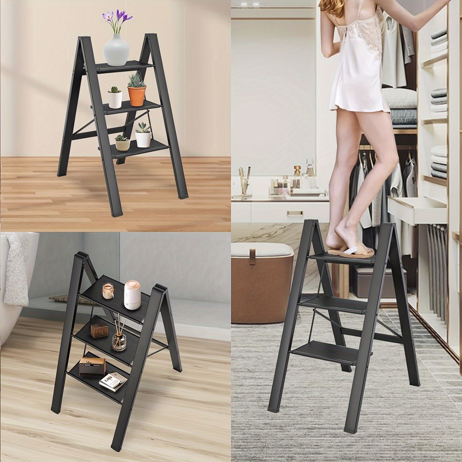 3 Step Ladder Aluminum Light Folding Step Bench Wide Non slip Pedal 300 lb Capacity Home Office Portable Ladder black - Korvel