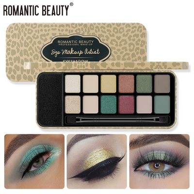 Romantic Beauty 12 Colors Leopard Eyeshadow Makeup Pearl Matte Finishing Eyeshadow Palette Brush - Korvel