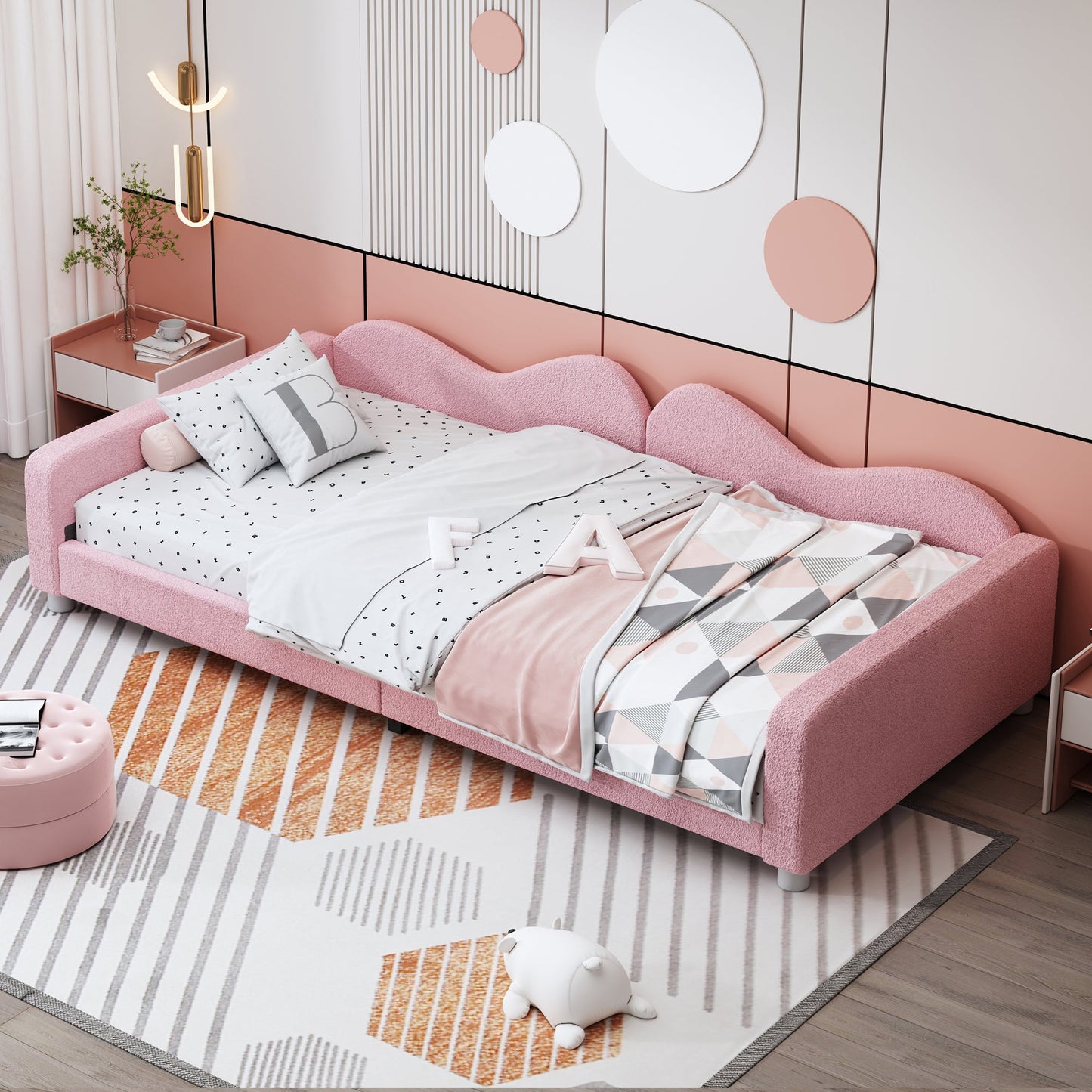 Twin size Upholstered Daybed, Sherpa Fabric Sofabed with Cloud-Shaped Backrest, No Box-spring Needed, Pink - Korvel