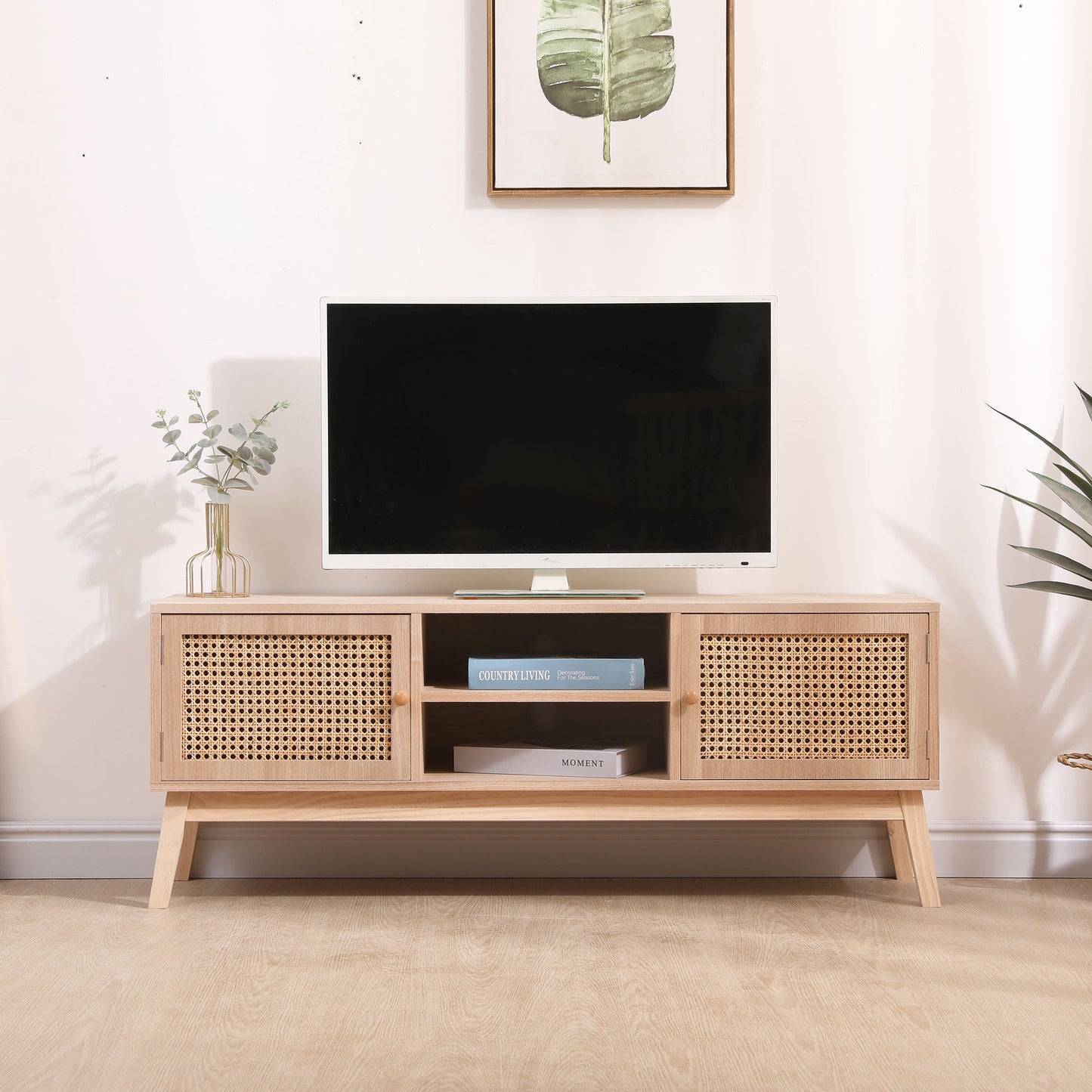 Support de télévision Boho SUPERJARE pour TV de 55 pouces avec étagère réglable