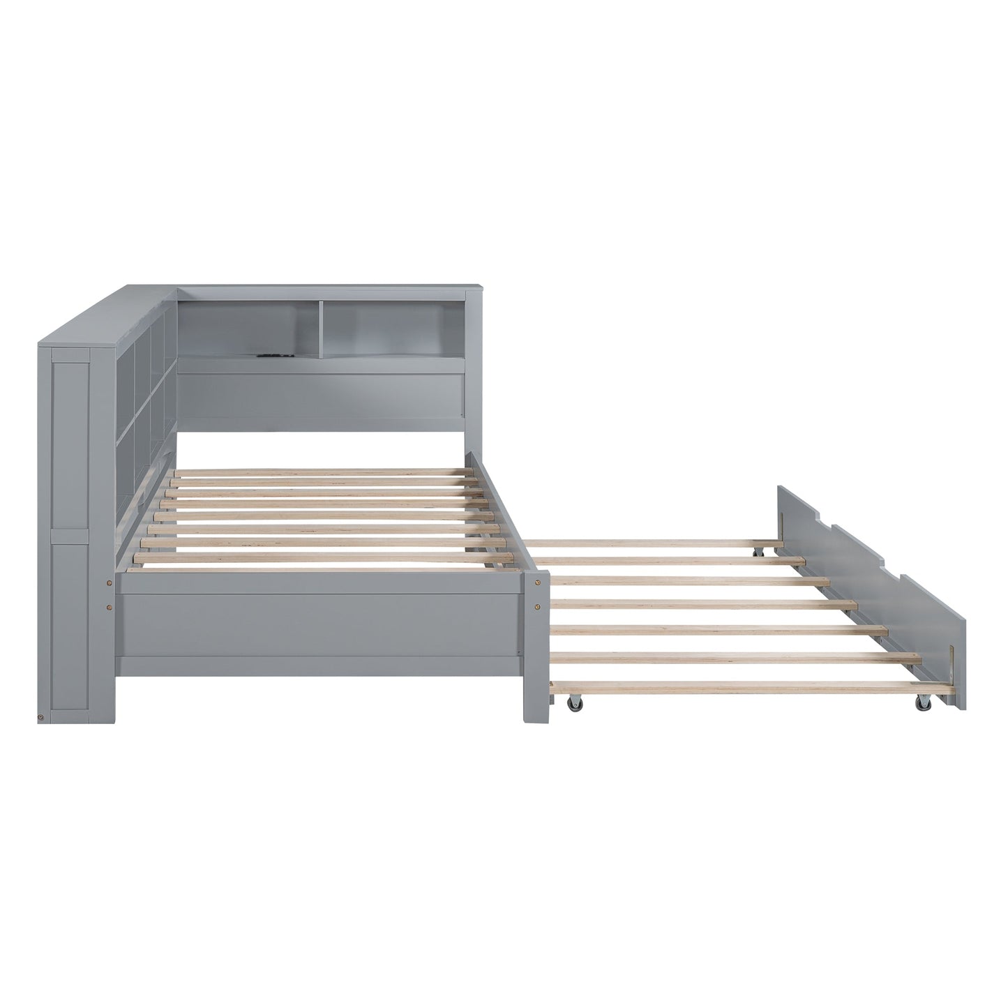 Wooden Twin Size DayBed with Twin Size Trundle, DayBed with Storage Shelf and USB Charging Ports,Grey - Korvel