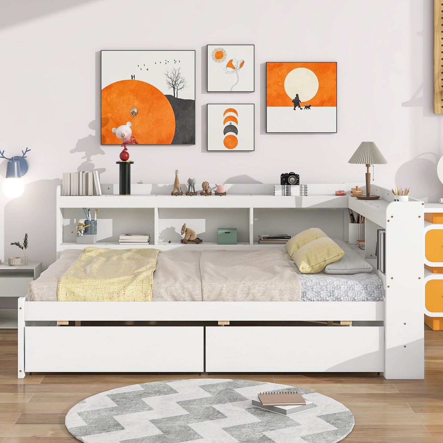 Elegant Full Bed with L-shaped Bookcases and Drawers in White