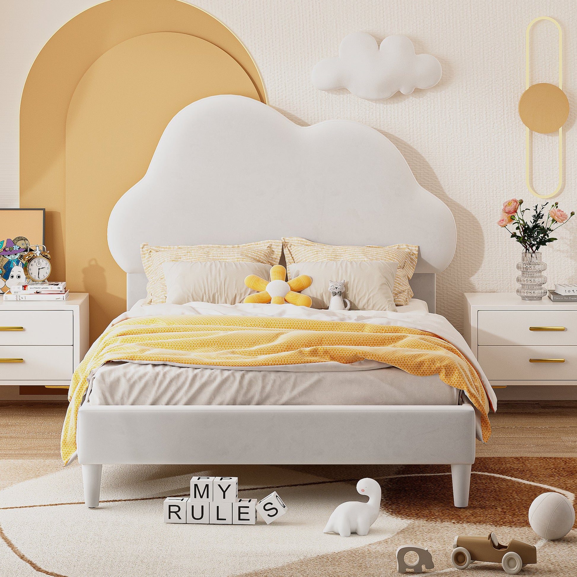 Twin Size Upholstered Cloud-Shape Bed ,Velvet Platform Bed with Headboard,No Box-spring Needed,Beige - Korvel