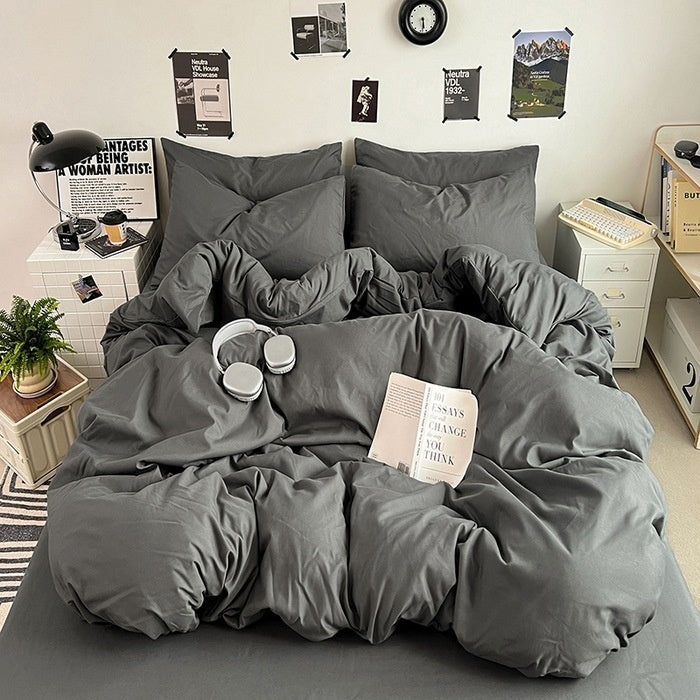 Washed Cotton Solid Color Double Spliced Four-Piece Bedding Set - Sheet, Quilt Cover, Pillowcases for Employee and Dormitory Use - Korvel