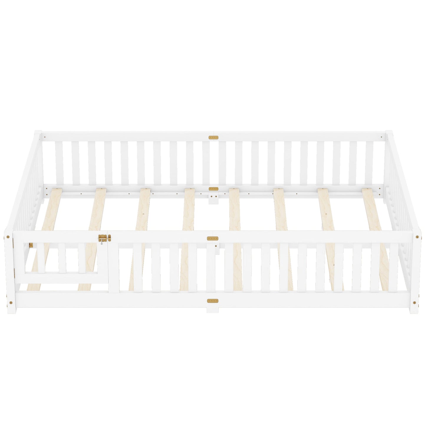 Queen Size Bed Floor Bed with Safety Guardrails and Door for Kids, White - Korvel
