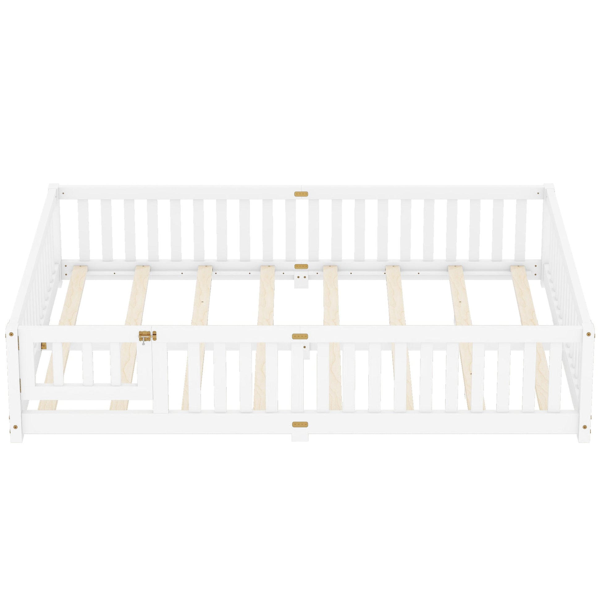 Queen Size Bed Floor Bed with Safety Guardrails and Door for Kids, White - Korvel