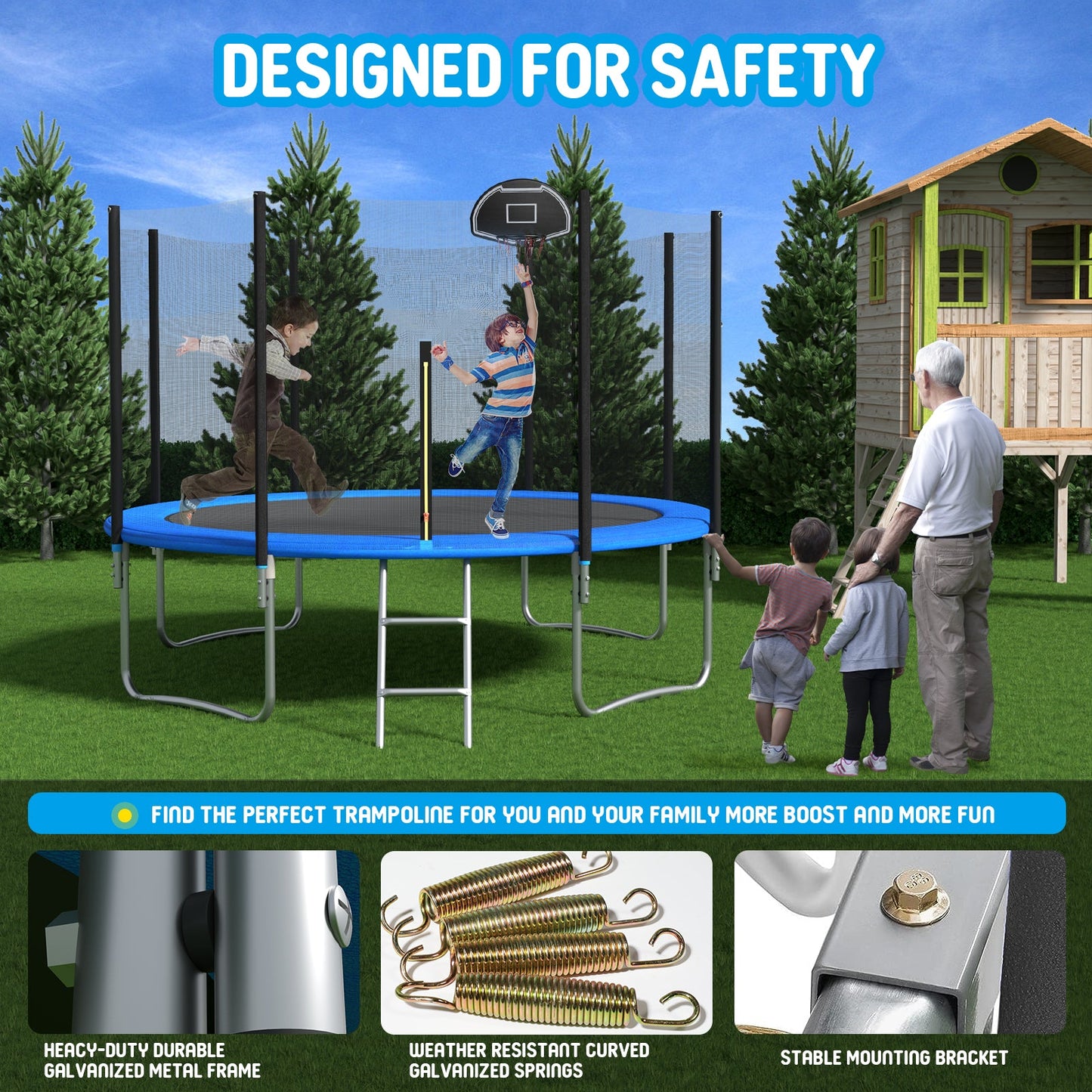 14 FT TRAMPOLINE OUTSIDE SAFETY NET WITH BASKETBALL HOOP - Korvel