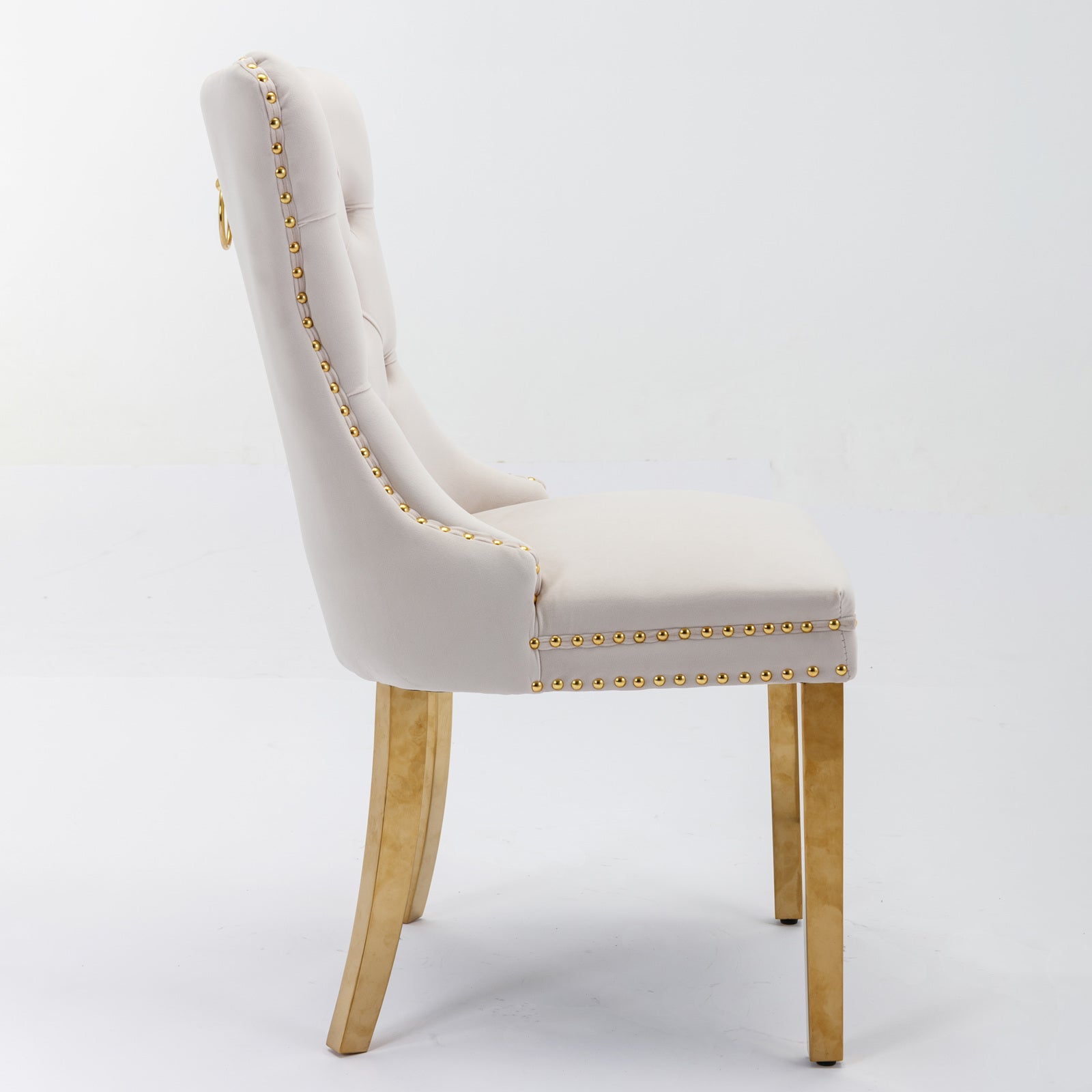 Tufted solid wood velvet soft cushion dining chair gold stainless steel plated leg nail head set of 2 pieces beige and gold - Korvel