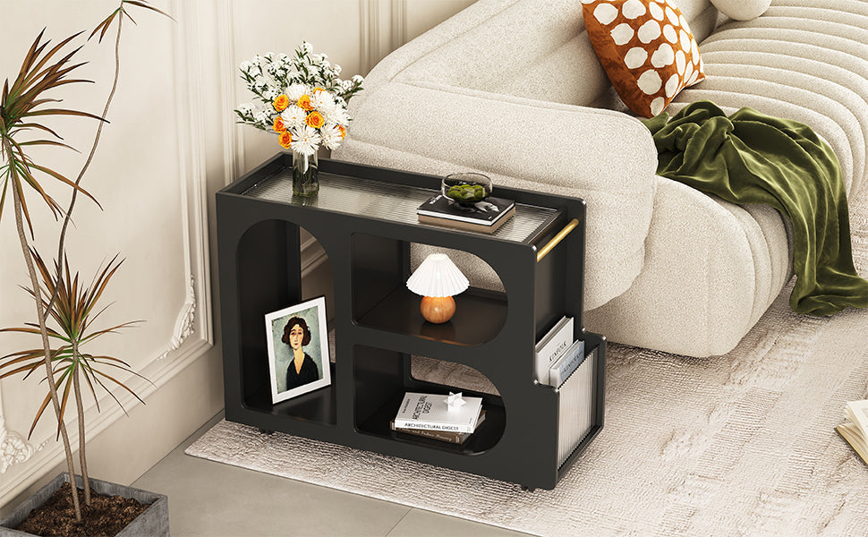 Stylish mobile desk with lockable wheels,bedside table with 5mm thick grooved tempered glass and gold round bars ，black - Korvel