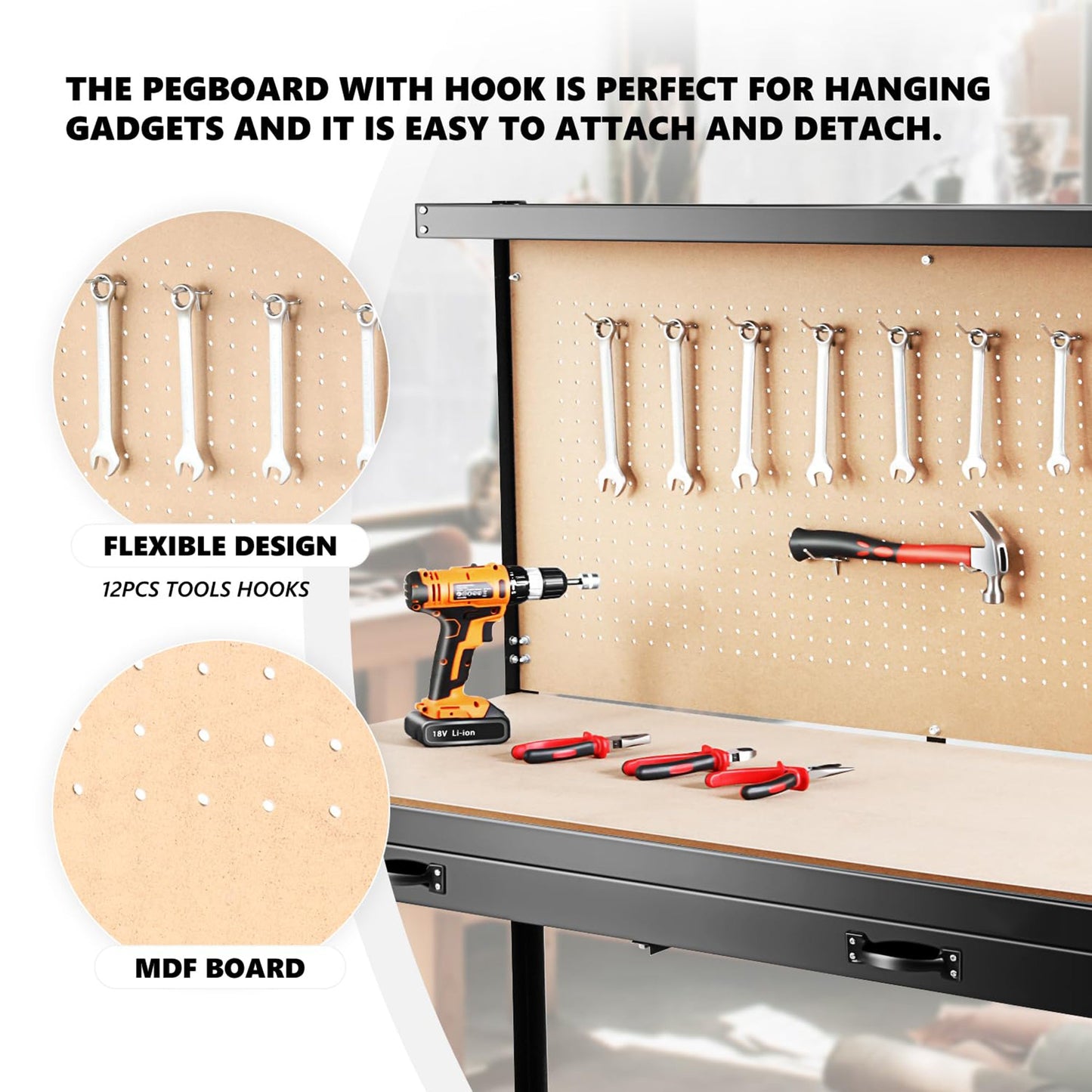 63" Tools Cabinet Working Tables Workbench Tool Storage Workshop Table with Drawers and Pegboard - Korvel