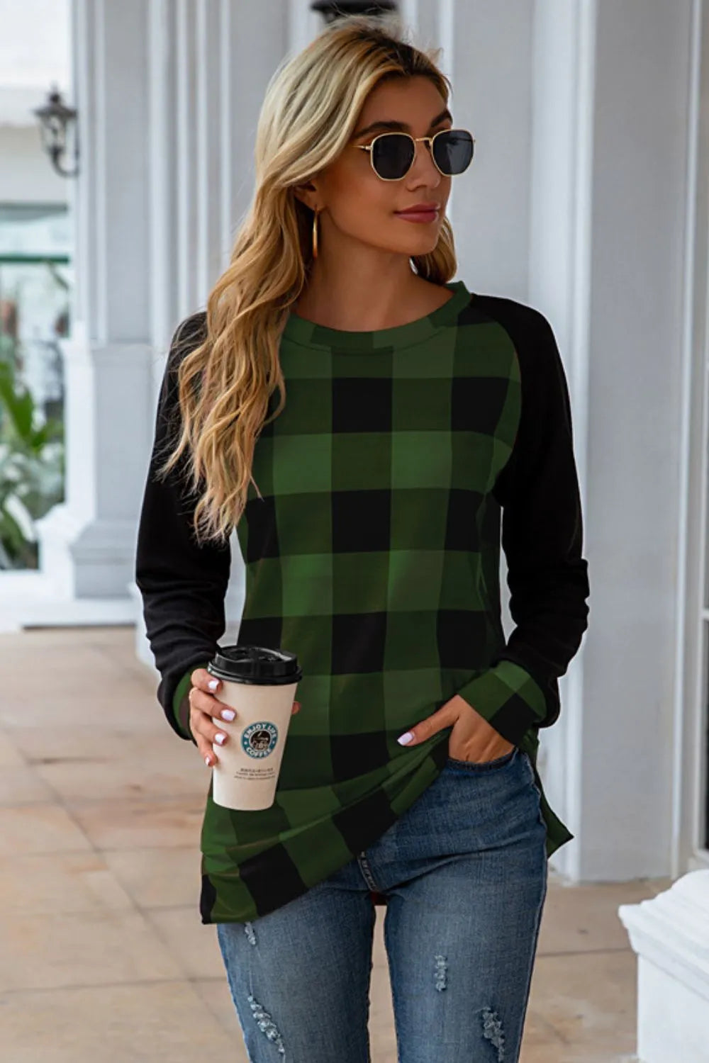 Plaid Round Neck Long Sleeve T-Shirt - Korvel