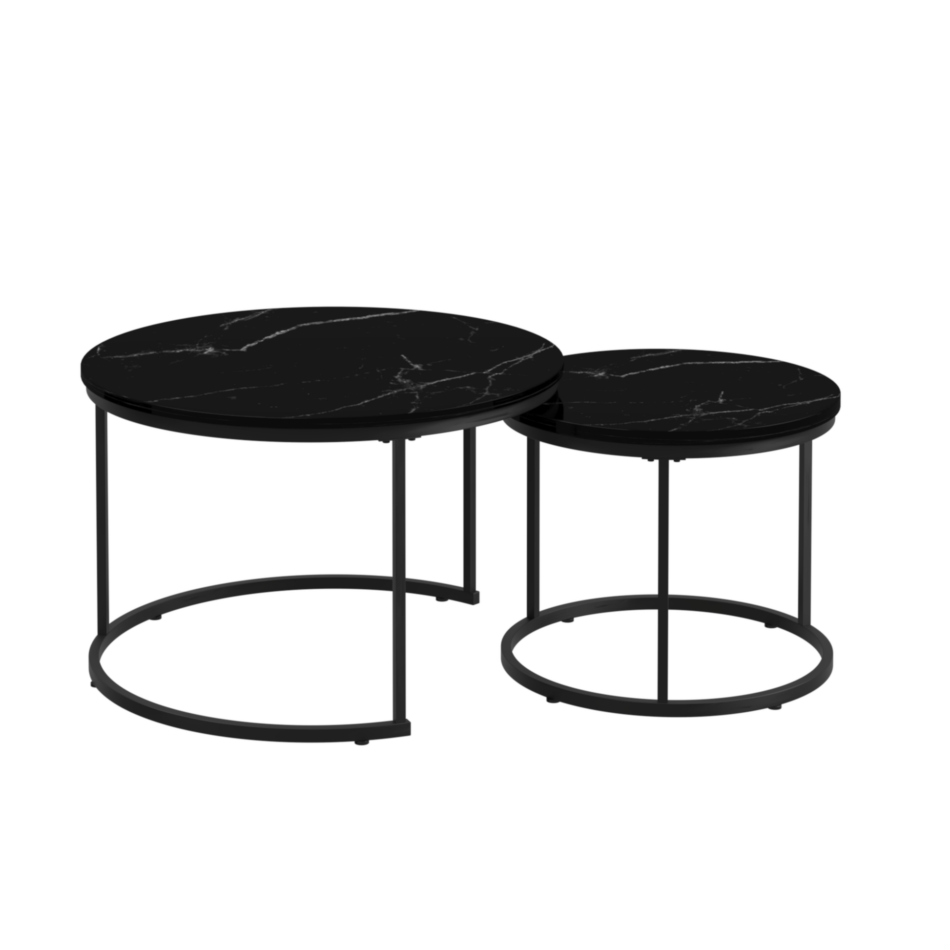 A set of nested coffee tables, 27.6-inch round coffee table, wooden marble patterned tabletop, sturdy metal frame (black) - Korvel