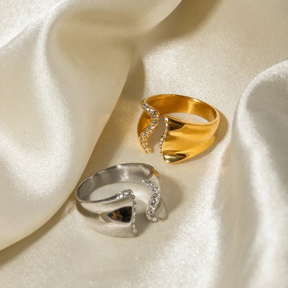 Stainless Steel Inlaid Rhinestone Bypass Ring - Korvel