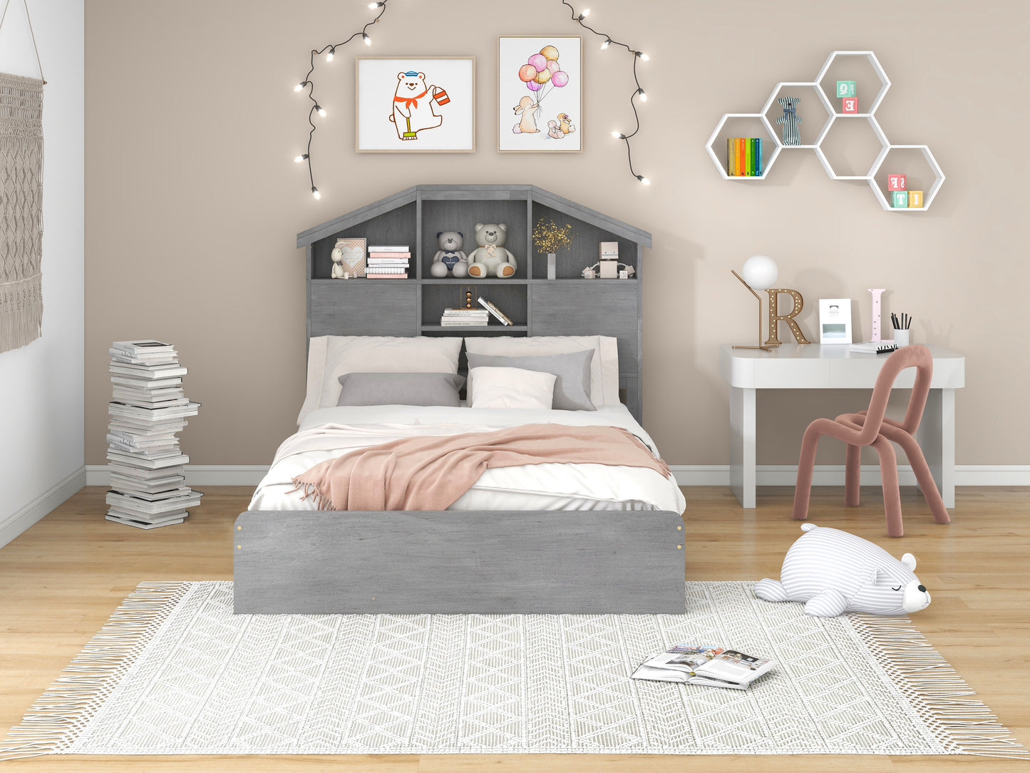 Full Size Wood Platform Bed with Storage Headboard - Gray