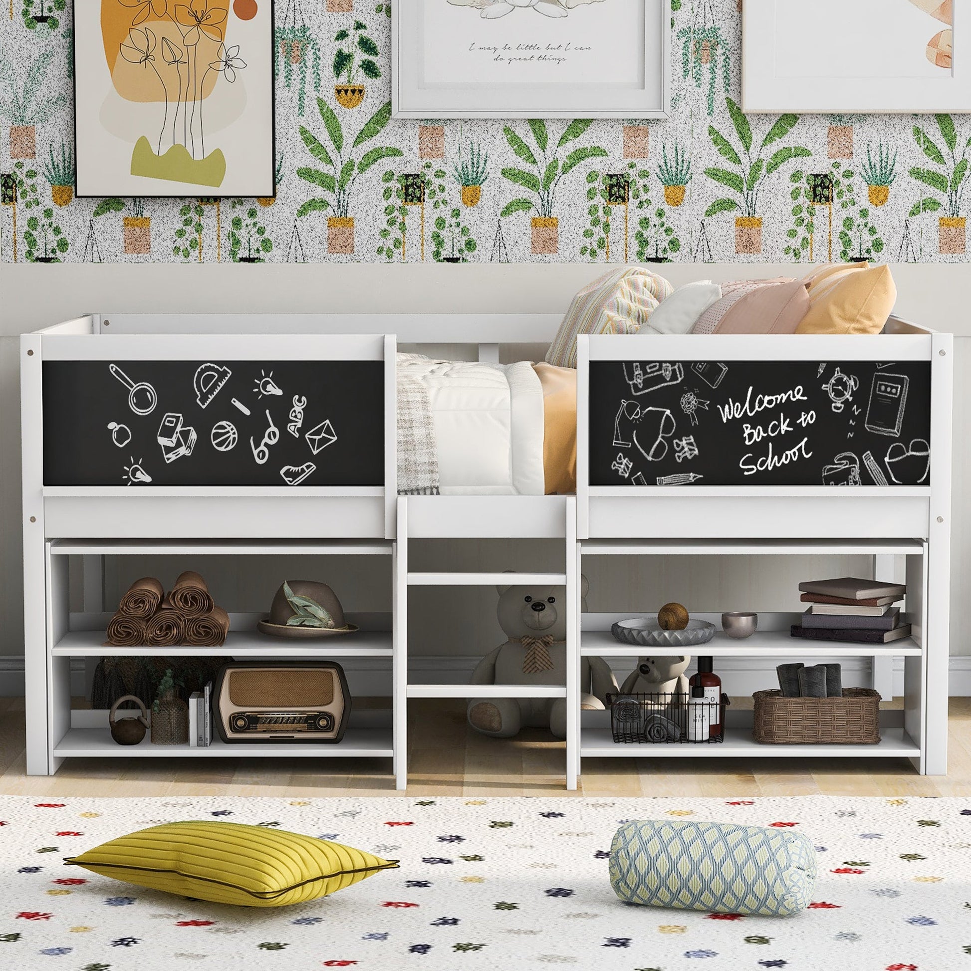 Twin Size Low Loft Bed with Two Movable Shelves and Ladder,with Decorative Guardrail Chalkboard,White - Korvel
