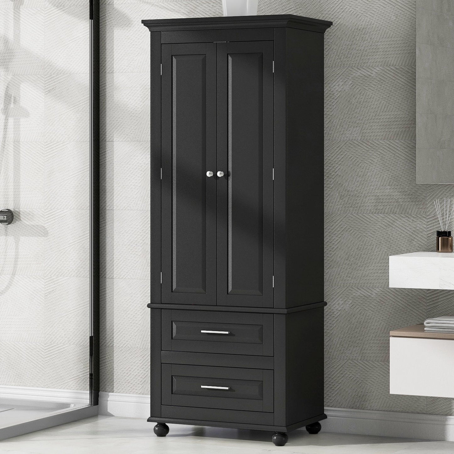 Tall Storage Cabinet with Two Drawers for Bathroom/Office, Black - Korvel
