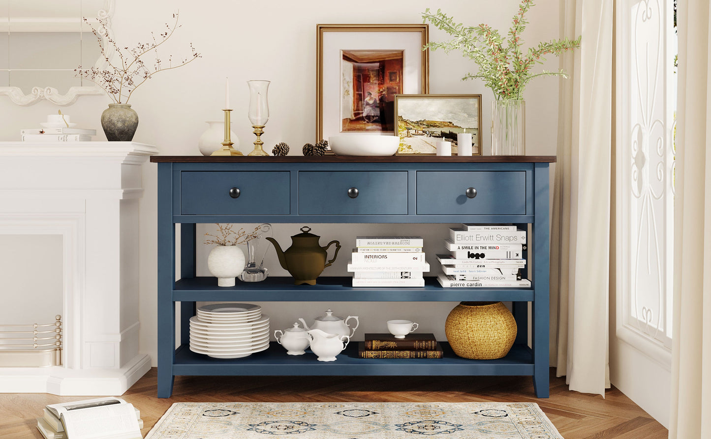 Retro Design Console Table with Two Open Shelves, Pine Solid Wood Frame and Legs for Living Room (Antique Navy+Espresso) - Korvel