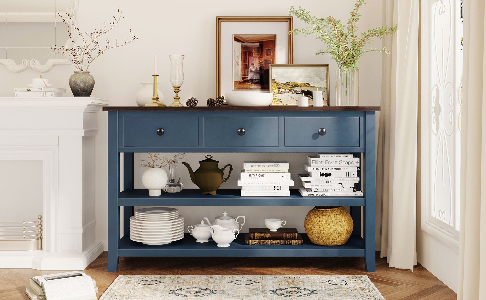 Retro Design Console Table with Two Open Shelves, Pine Solid Wood Frame and Legs for Living Room (Antique Navy+Espresso) - Korvel