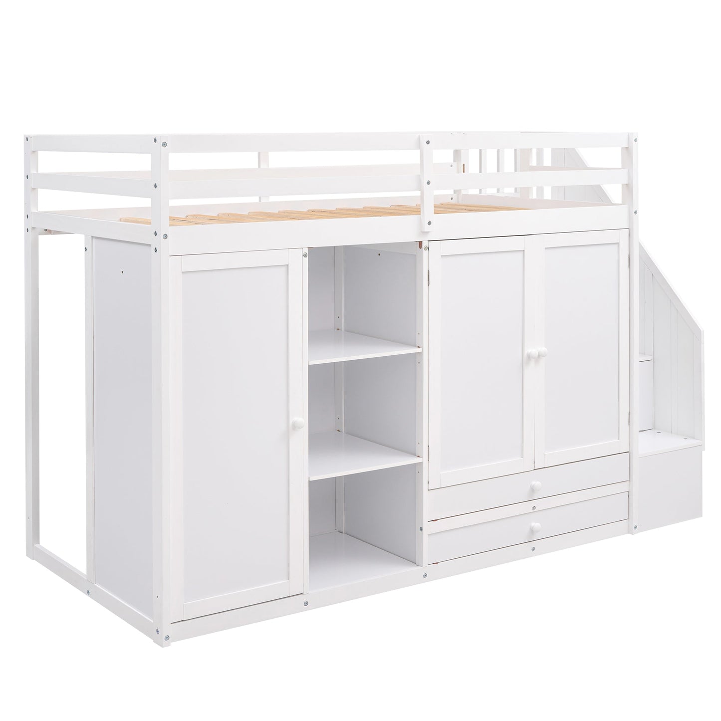 Functional Loft Bed with Storage and Shelves in White