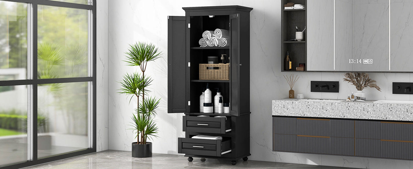 Tall Storage Cabinet with Two Drawers for Bathroom/Office, Black - Korvel