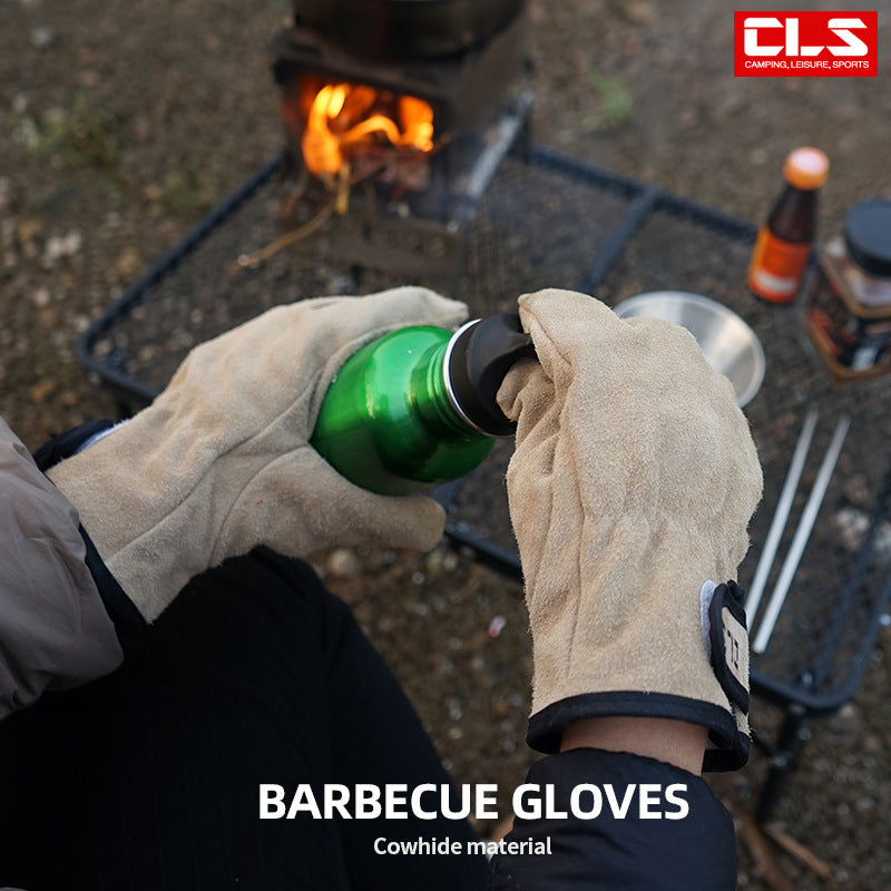 Outdoor Picnic BBQ Gloves Camping Fire Barbecue Leather Anti-Scalding Heat Insulation Thickened Wear-Resistant Protective Gloves - Korvel