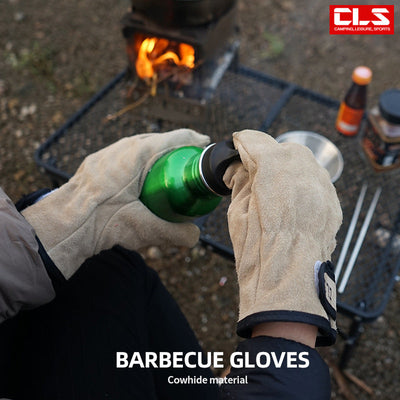 Outdoor Picnic BBQ Gloves Camping Fire Barbecue Leather Anti-Scalding Heat Insulation Thickened Wear-Resistant Protective Gloves - Korvel