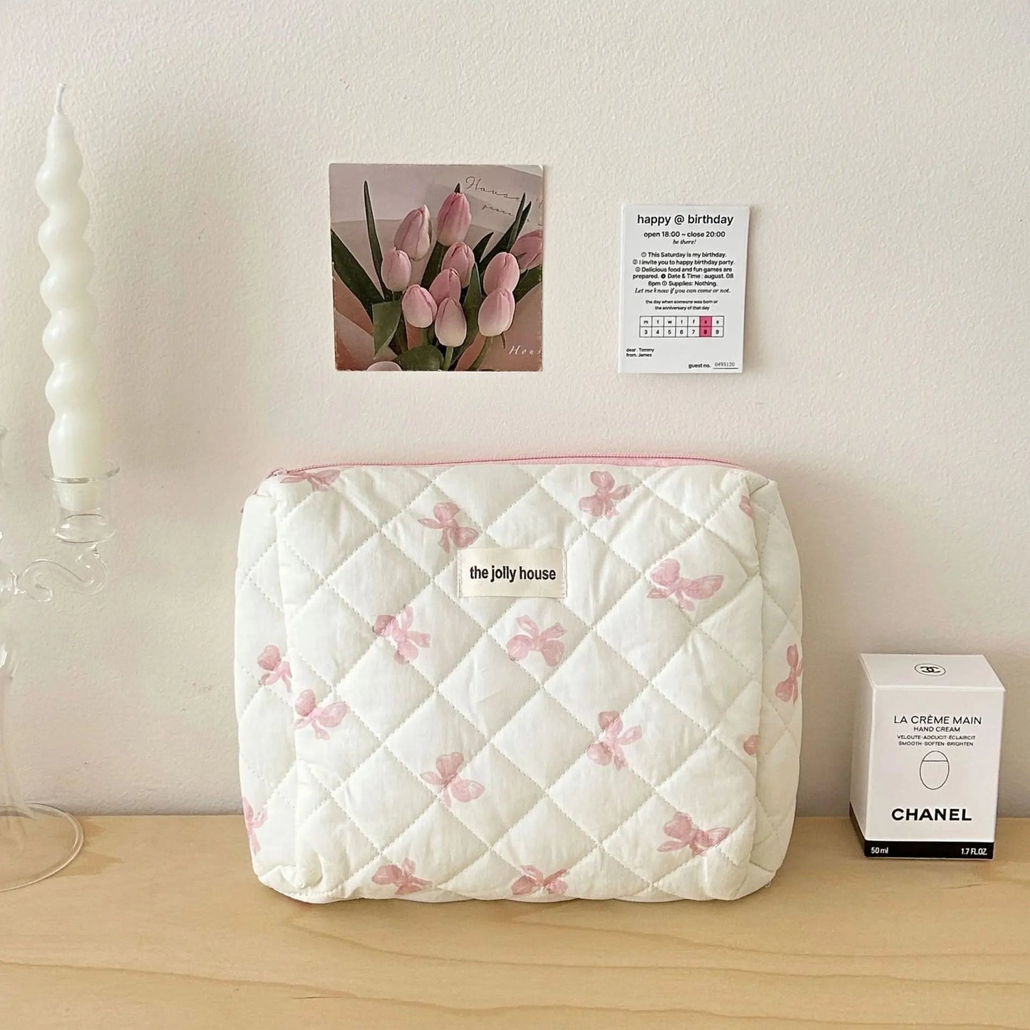 Cute Bow Flower Quilting Cotton Makeup Bag Women Zipper Cosmetic Organizer Female Cloth Handbag Portable Toiletry Case for Girls - Korvel