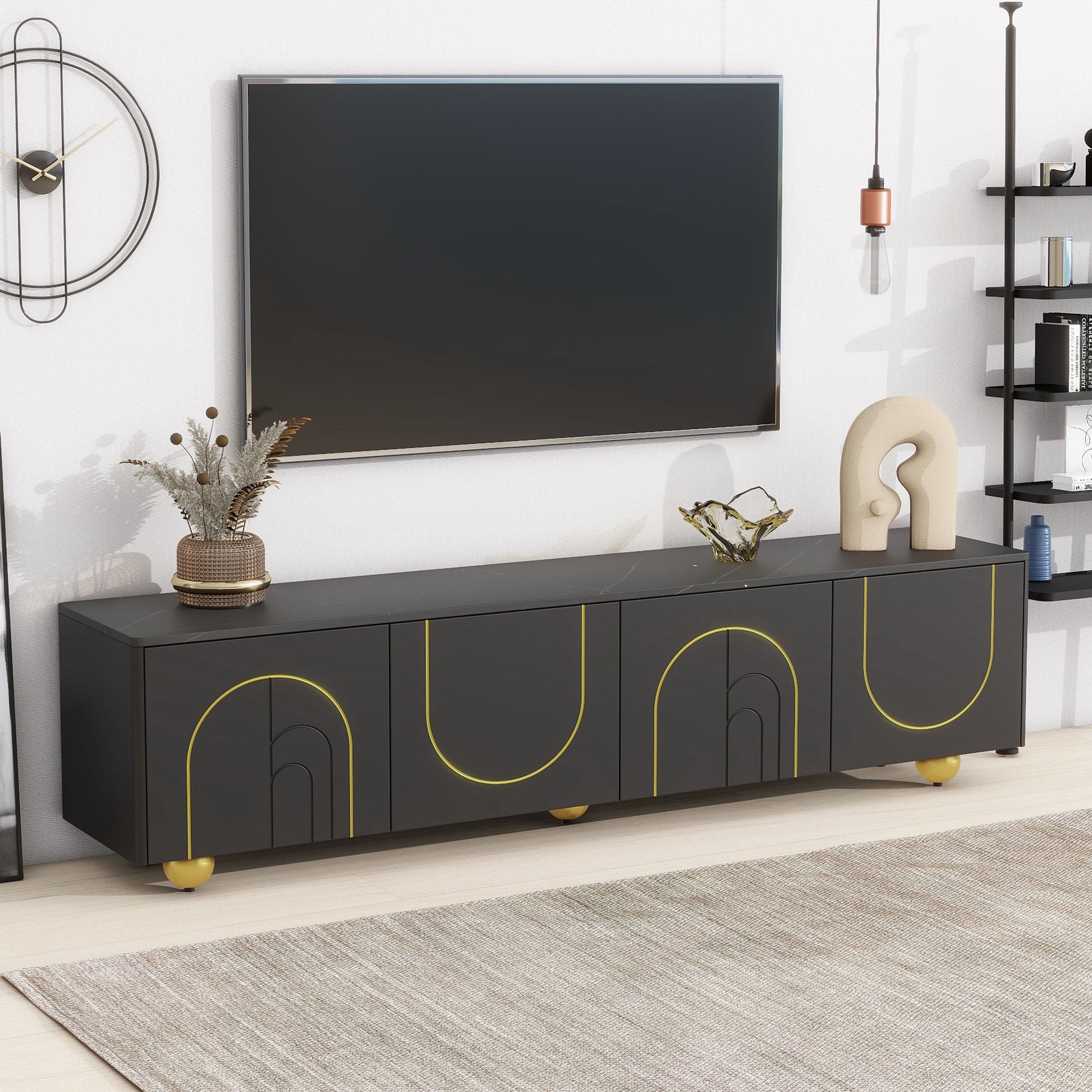 U-Can modern TV stand is suitable for TVs under 75 inches and comes with a storage cabinet top marble pattern and circular stand - Korvel