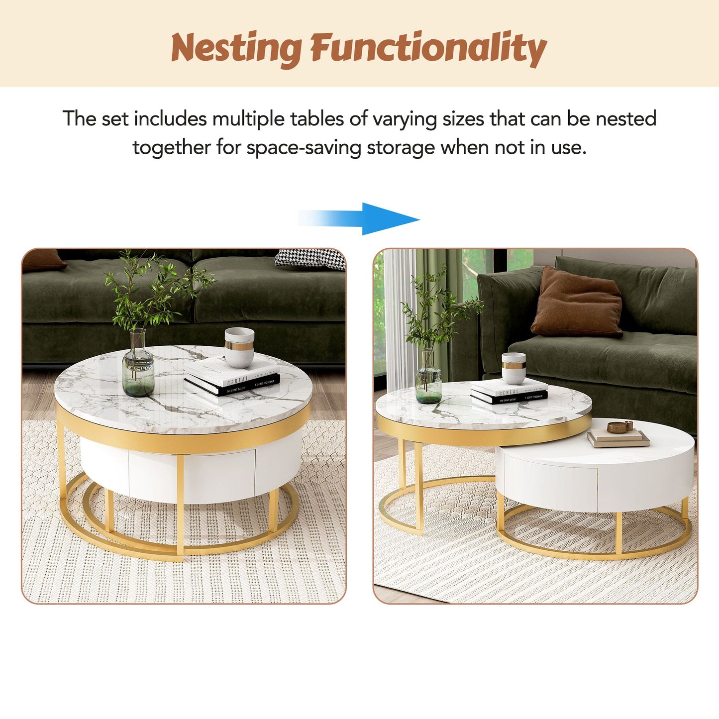 Mesa de café moderna redonda apilable con cajones en blanco