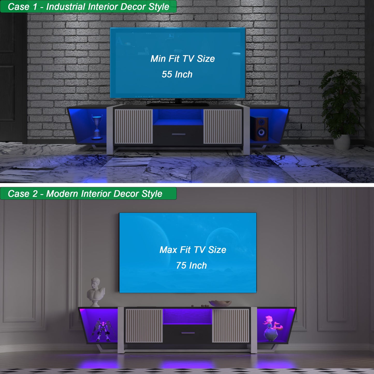 Console TV noire moderne avec rangement et éclairage LED