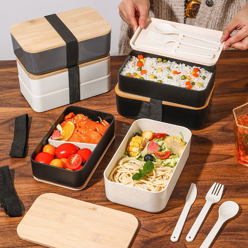 Wheat straw lunch box, Japanese style wooden lid bento box, household compartment, microwave oven lunch box, fresh-keeping box - Korvel