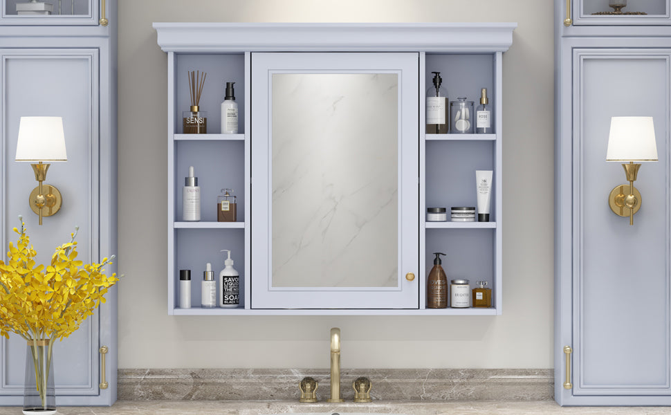 35'' x 28'' Blue Wall Mounted Bathroom Storage Cabinet with Mirror Door, Modern Bathroom Wall Cabinet with Mirror - Korvel