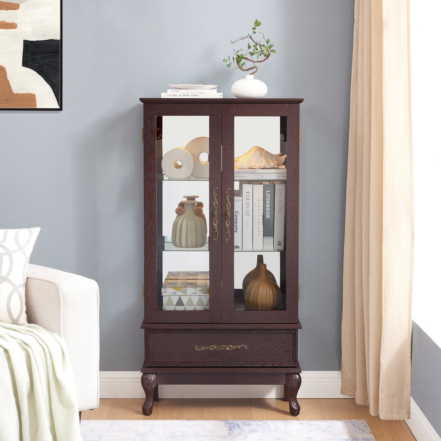 Curio cabinet lighting glass cabinet with adjustable glass frame, 2 doors and 1 drawer with light bulb, dark cherry color - Korvel