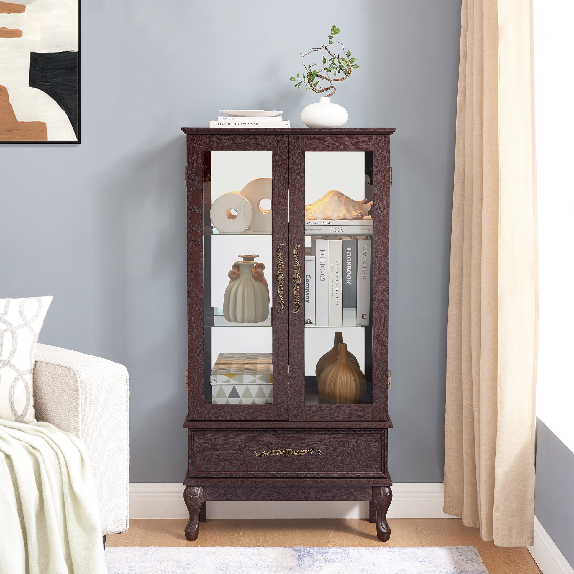Curio cabinet lighting glass cabinet with adjustable glass frame, 2 doors and 1 drawer with light bulb, dark cherry color - Korvel