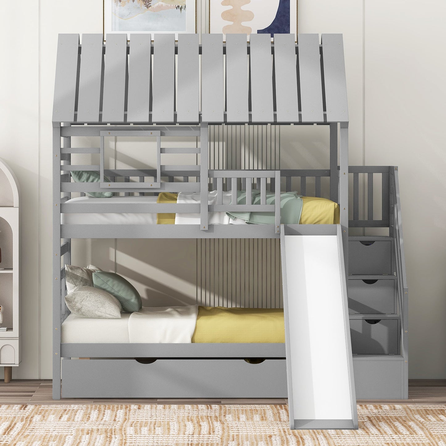Lit superposé jumeau sur jumeau avec trundle et toboggan - Gris
