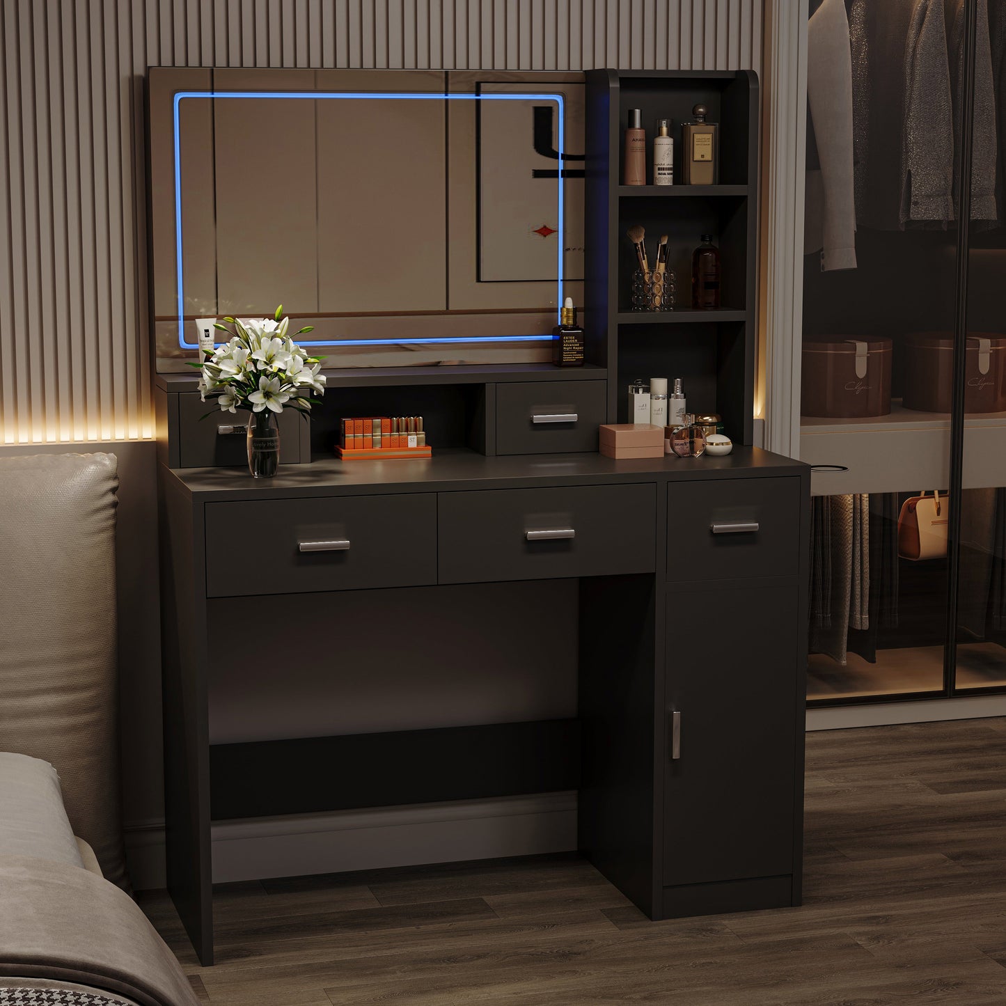 Smart mirror dressing table with drawers and storage cabinets - Korvel