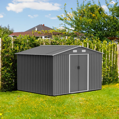 10X8 FT outdoor tool storage shed with metal foundation and lockable door, all-weather metal shed, gray - Korvel