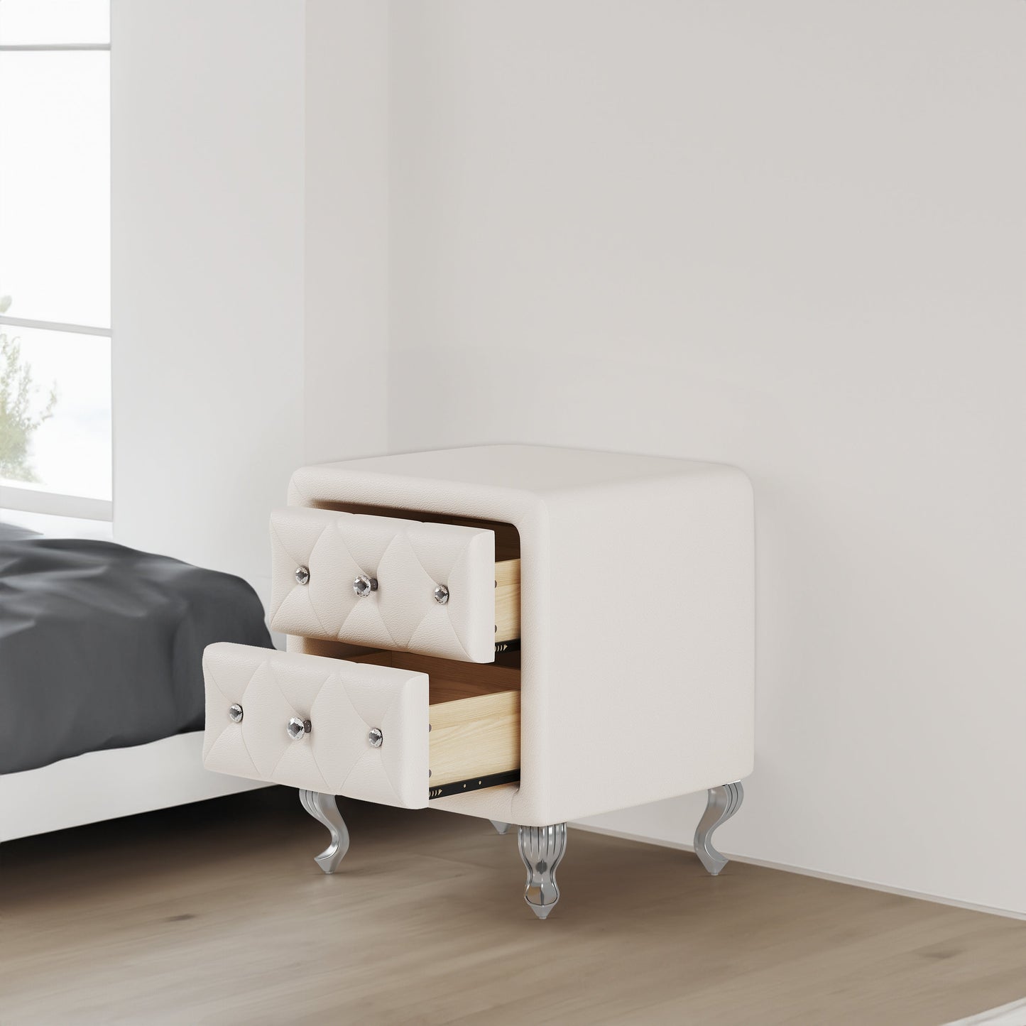 Elegant PU bedside table with 2 drawers and crystal handles, storage with metal legs - white - Korvel