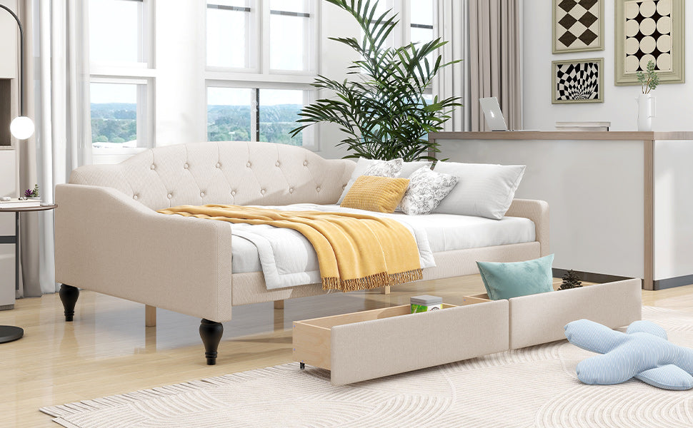 Full Size Upholstered Tufted Daybed with Two Drawers, Beige - Korvel