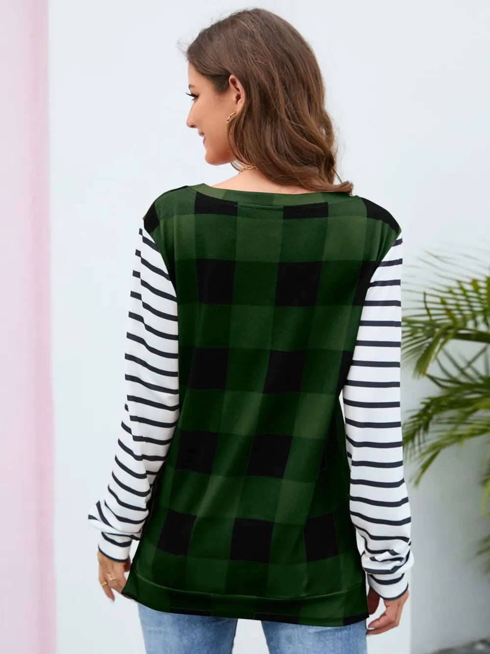 Plaid Striped Round Neck Long Sleeve T-Shirt - Korvel