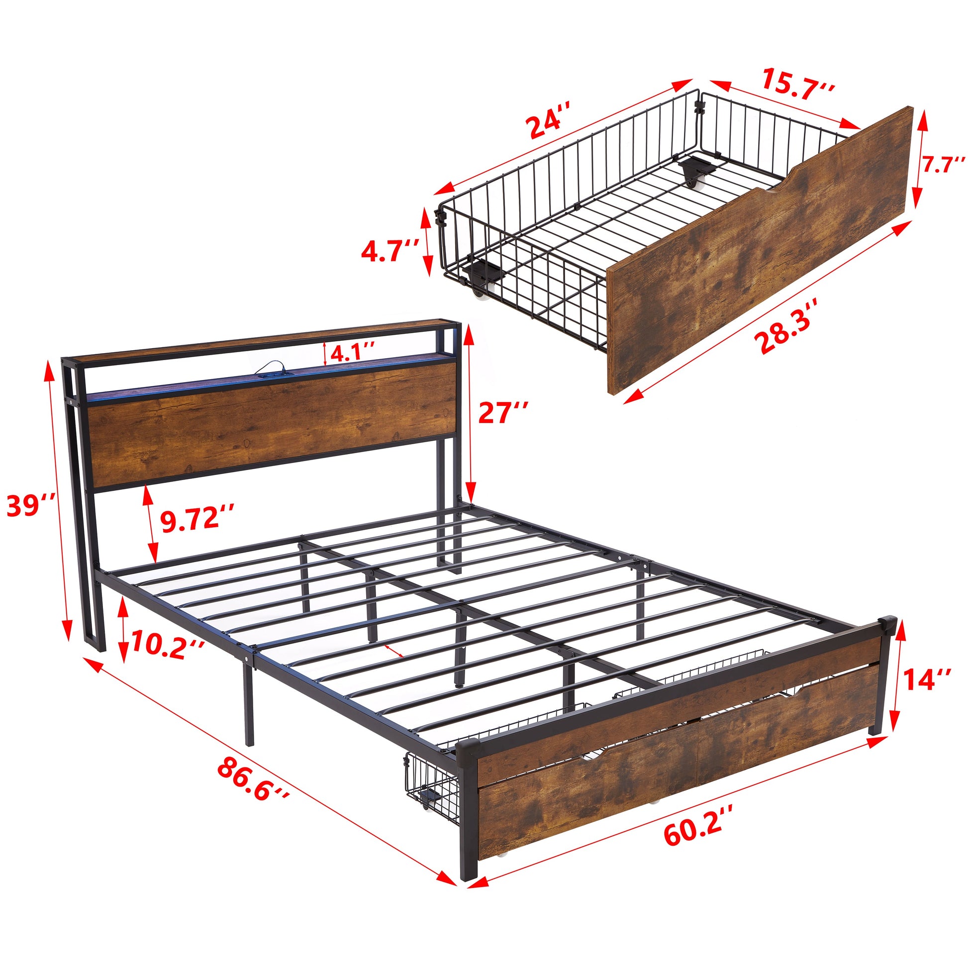 Large metal bed frame with wooden headboard and USB foot pedal, charging station, 2 drawers, LED lights, no need for box spring - Korvel