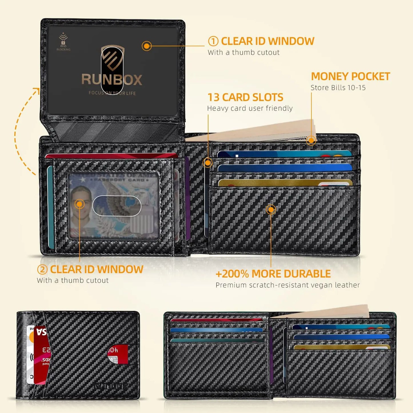 Cartera delgada RUNBOX RFID de cuero para hombres con caja de regalo - Negro carbón