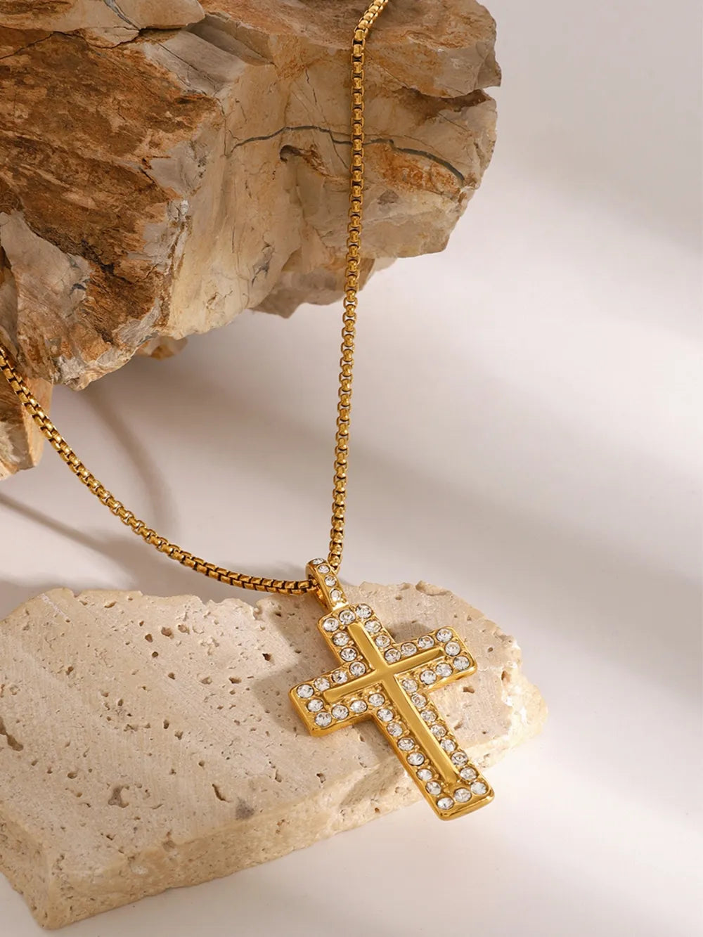 18K Gold-Plated Inlaid Zircon Cross Necklace - Korvel