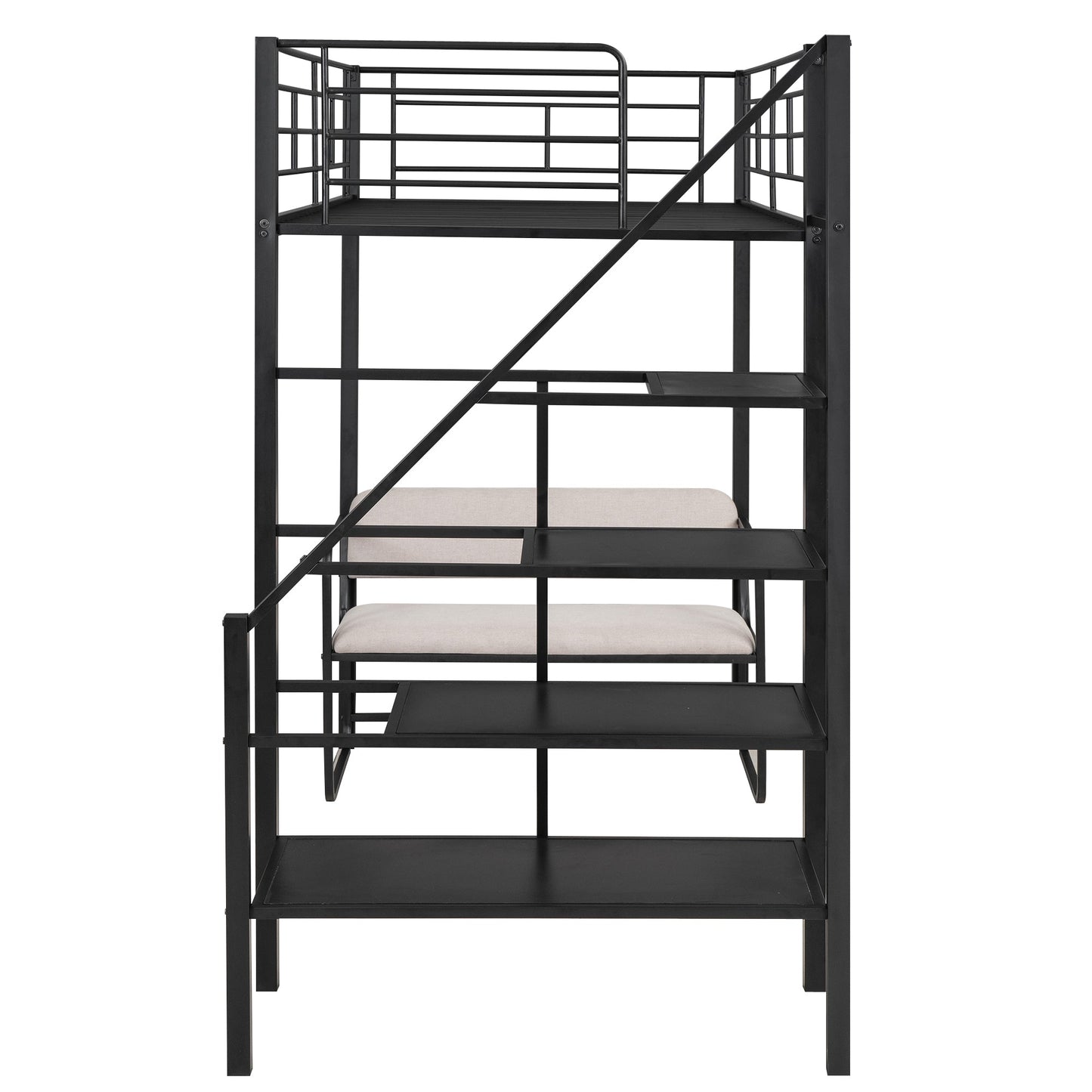 Twin Size Metal Loft Bed with Bench and Storage Staircase  Black - Korvel