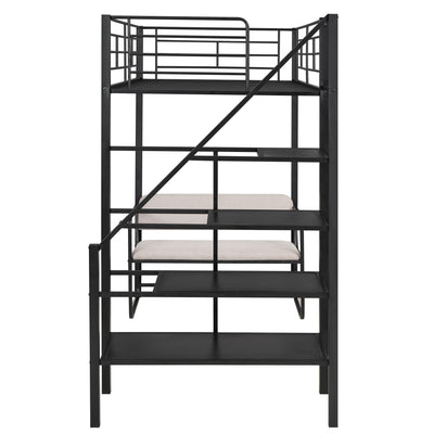 Twin Size Metal Loft Bed with Bench and Storage Staircase  Black - Korvel
